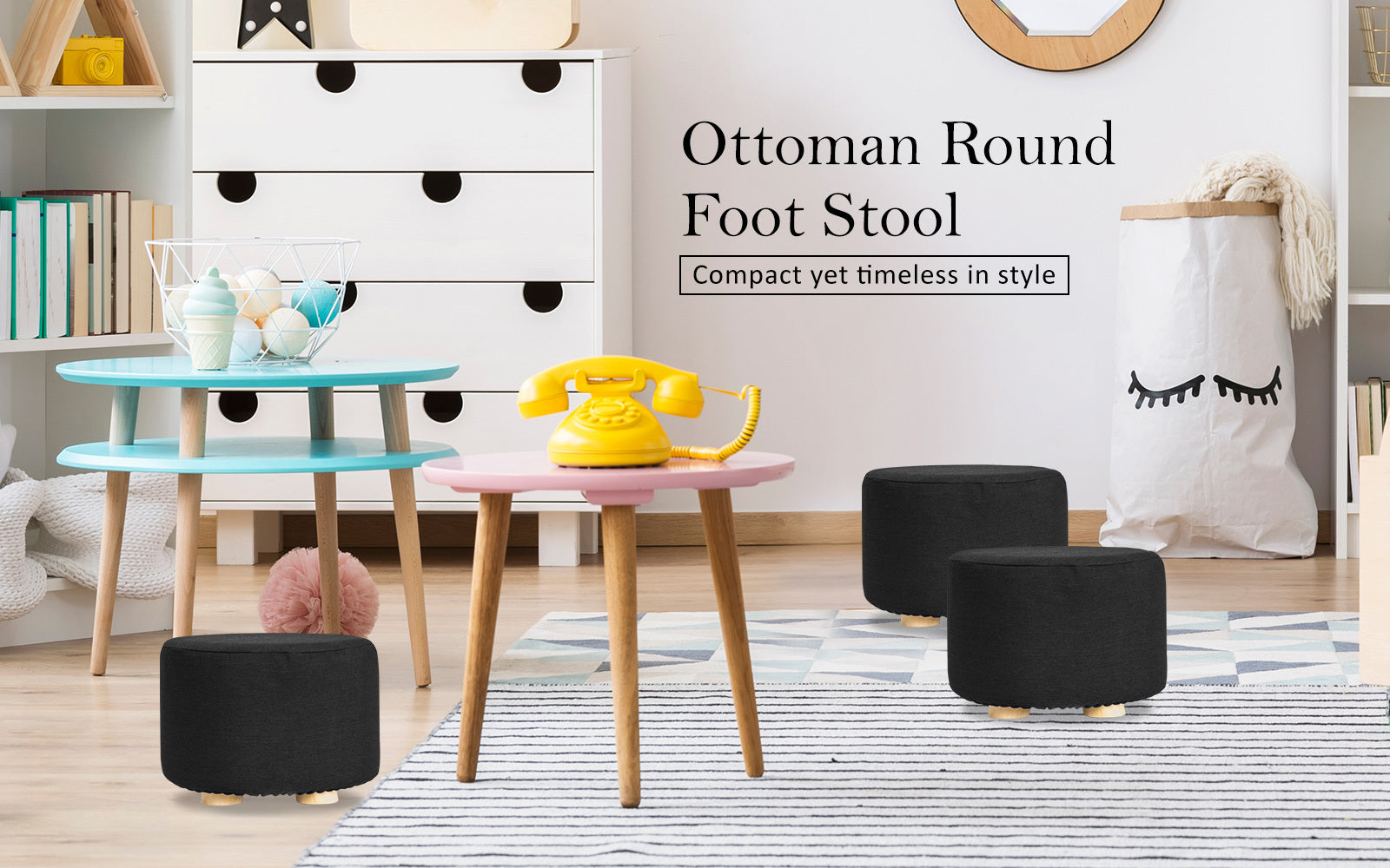 2X Fabric Ottoman Round Wooden Leg Foot Stool - BLACK with Ottomans & Footstools
