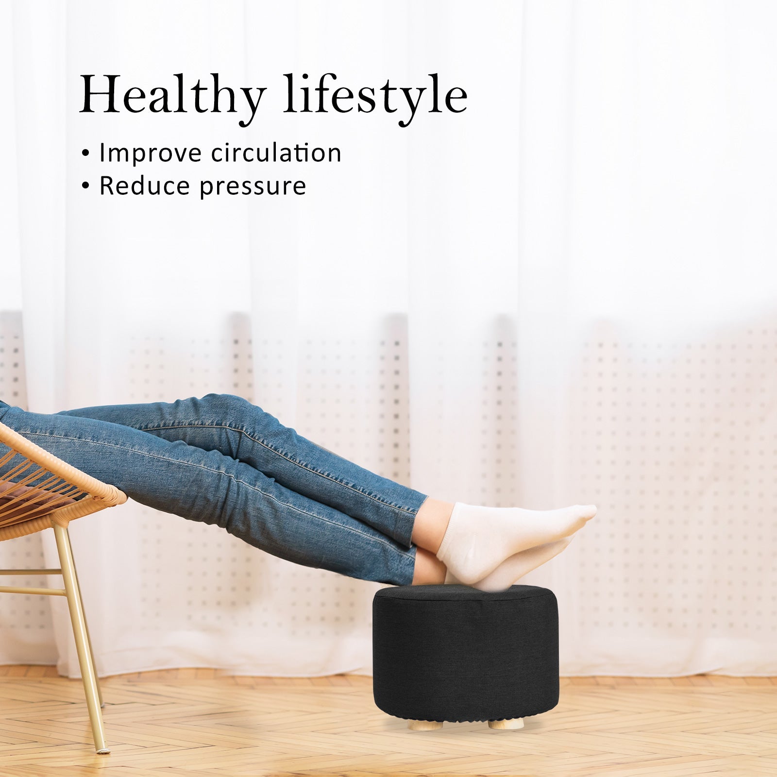2X Fabric Ottoman Round Wooden Leg Foot Stool - BLACK with Black colour