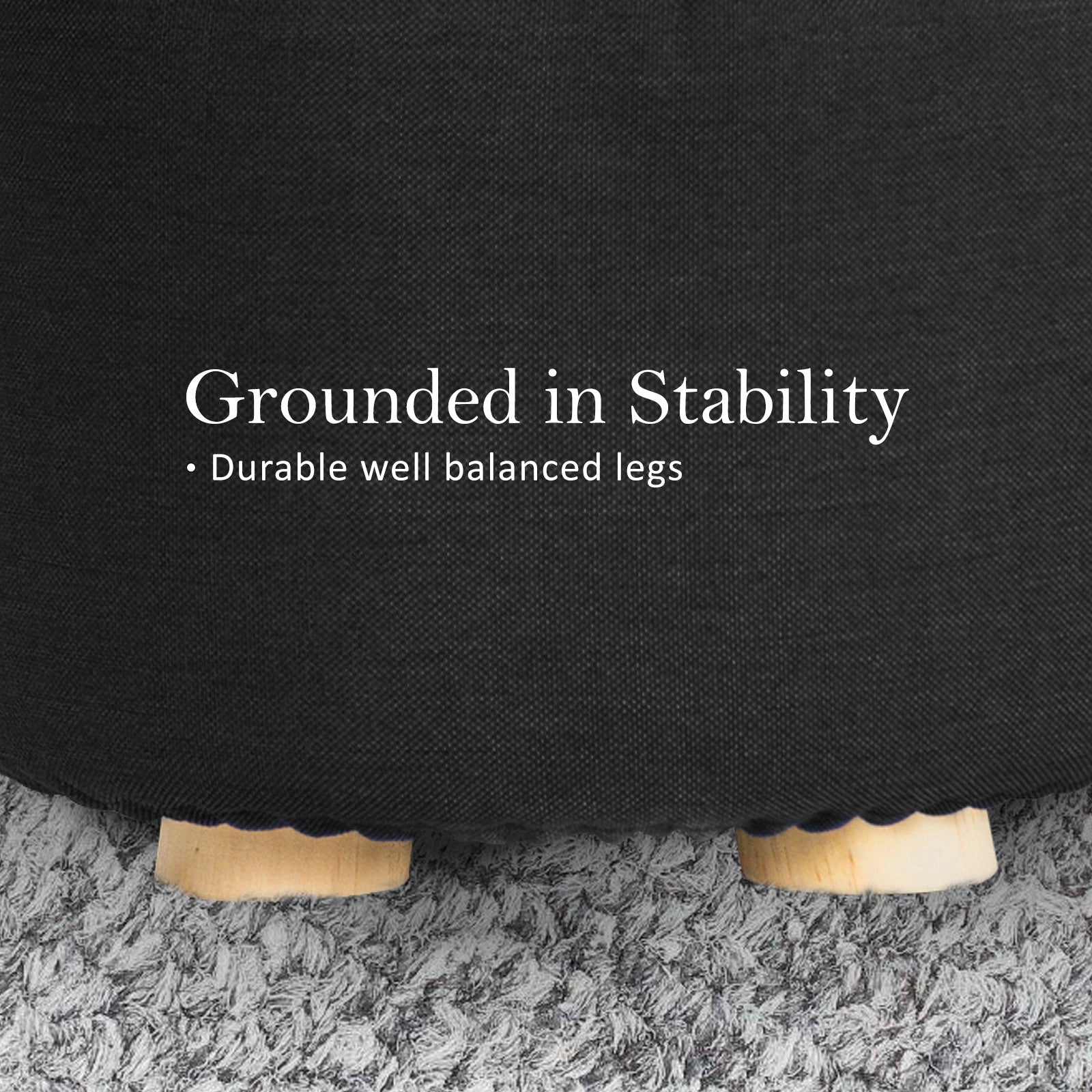 2X Fabric Ottoman Round Wooden Leg Foot Stool - BLACK | Ottomans & Footstools