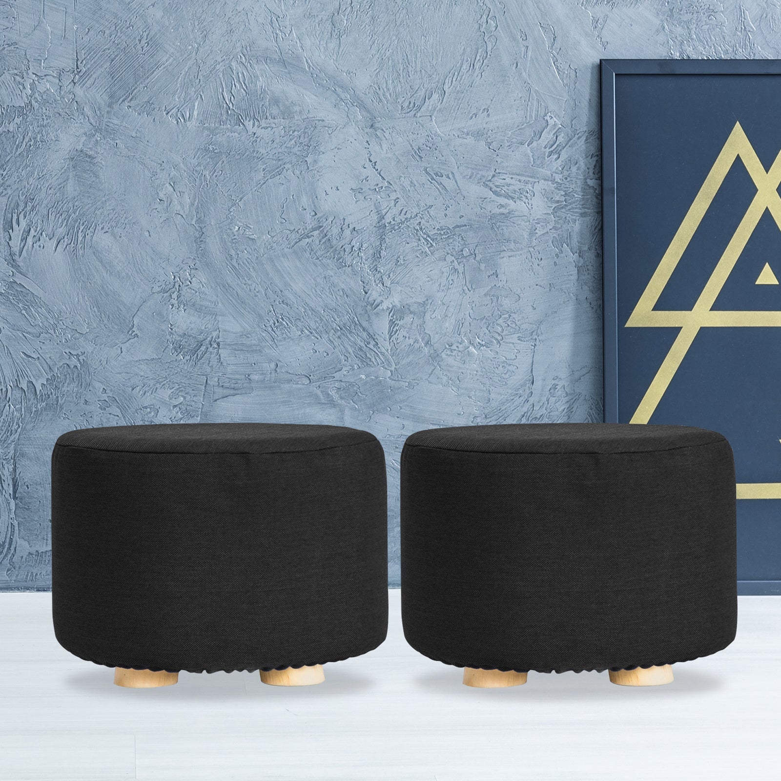 2X Fabric Ottoman Round Wooden Leg Foot Stool - BLACK, Ottomans & Footstools