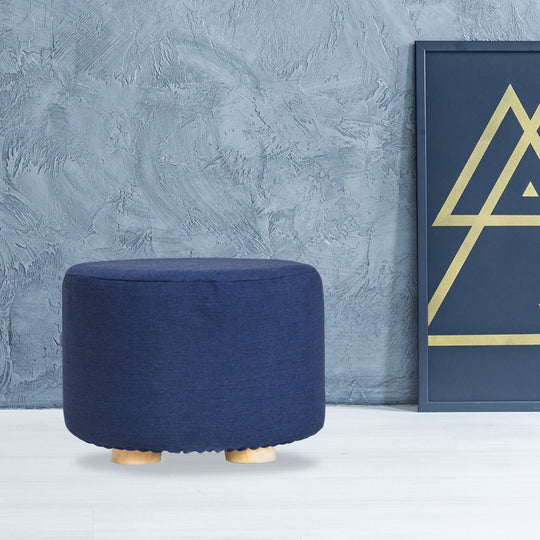 Fabric Ottoman Round Wooden Leg Foot Stool - DARK BLUE - Ottomans & Footstools