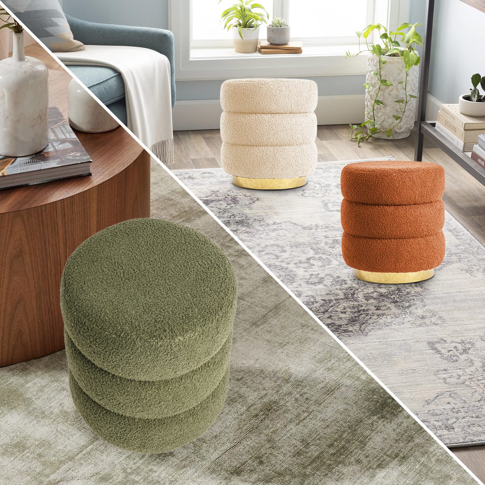 Beige stool 38x38x41cm, in room setting