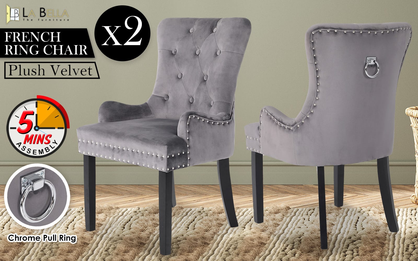 French Provincial Velvet Chair Grey 61x54x93cm