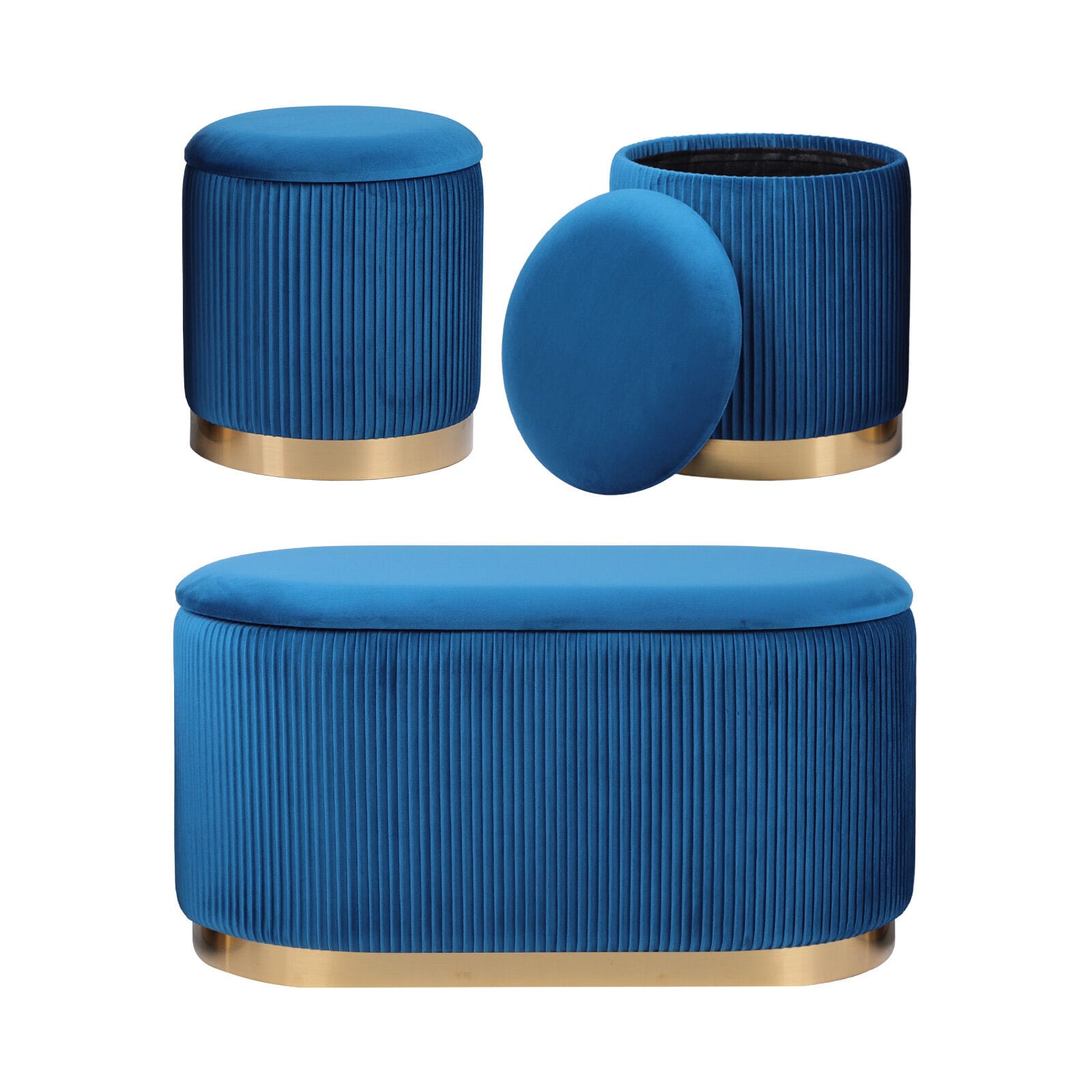 Velvet Storage Ottoman Set Blue 78x40x41.5cm