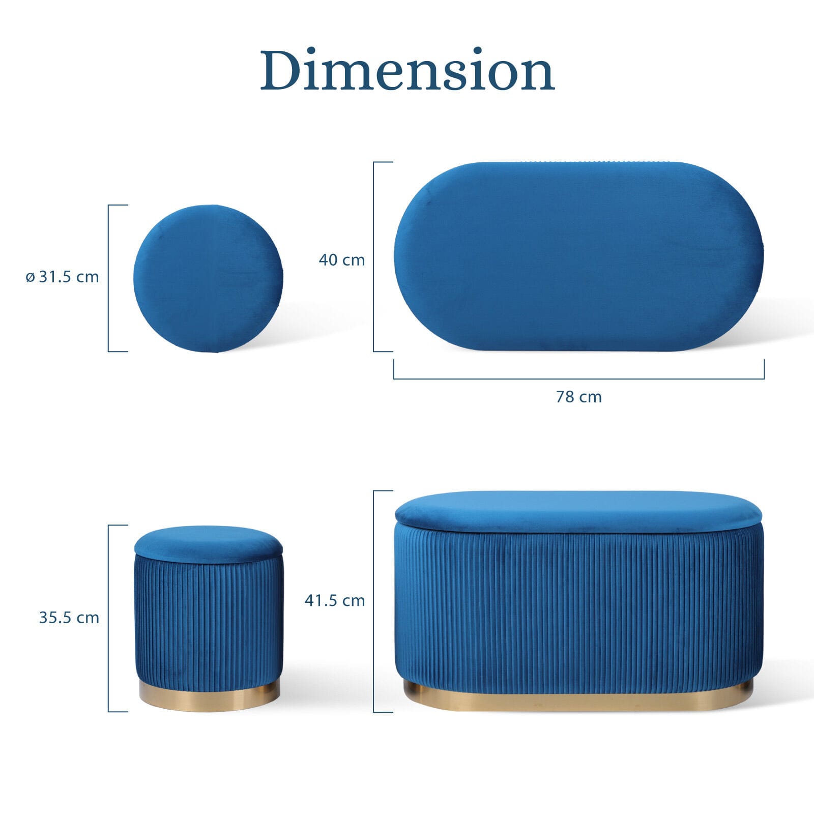 Velvet Storage Ottoman Set Blue 78x40x41.5cm