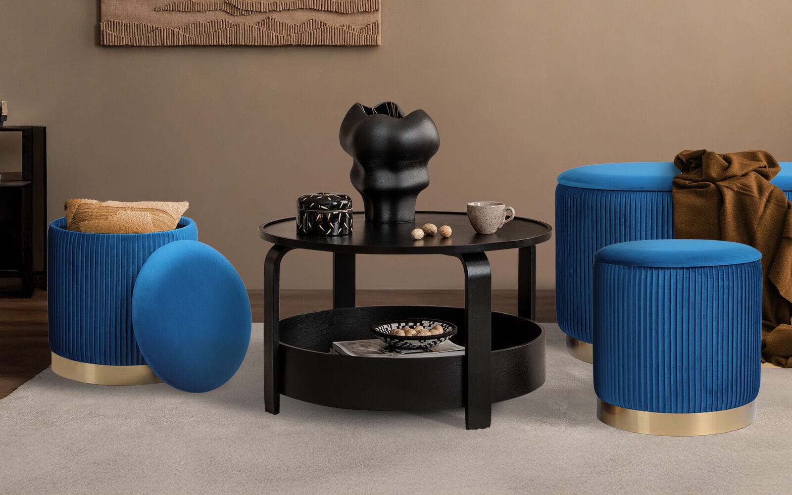Velvet Storage Ottoman Set Blue 78x40x41.5cm