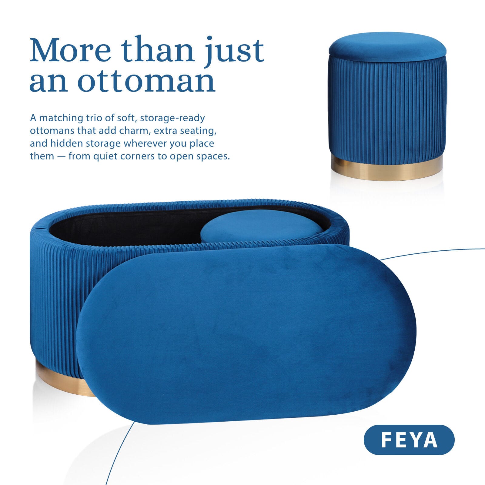 Velvet Storage Ottoman Set Blue 78x40x41.5cm