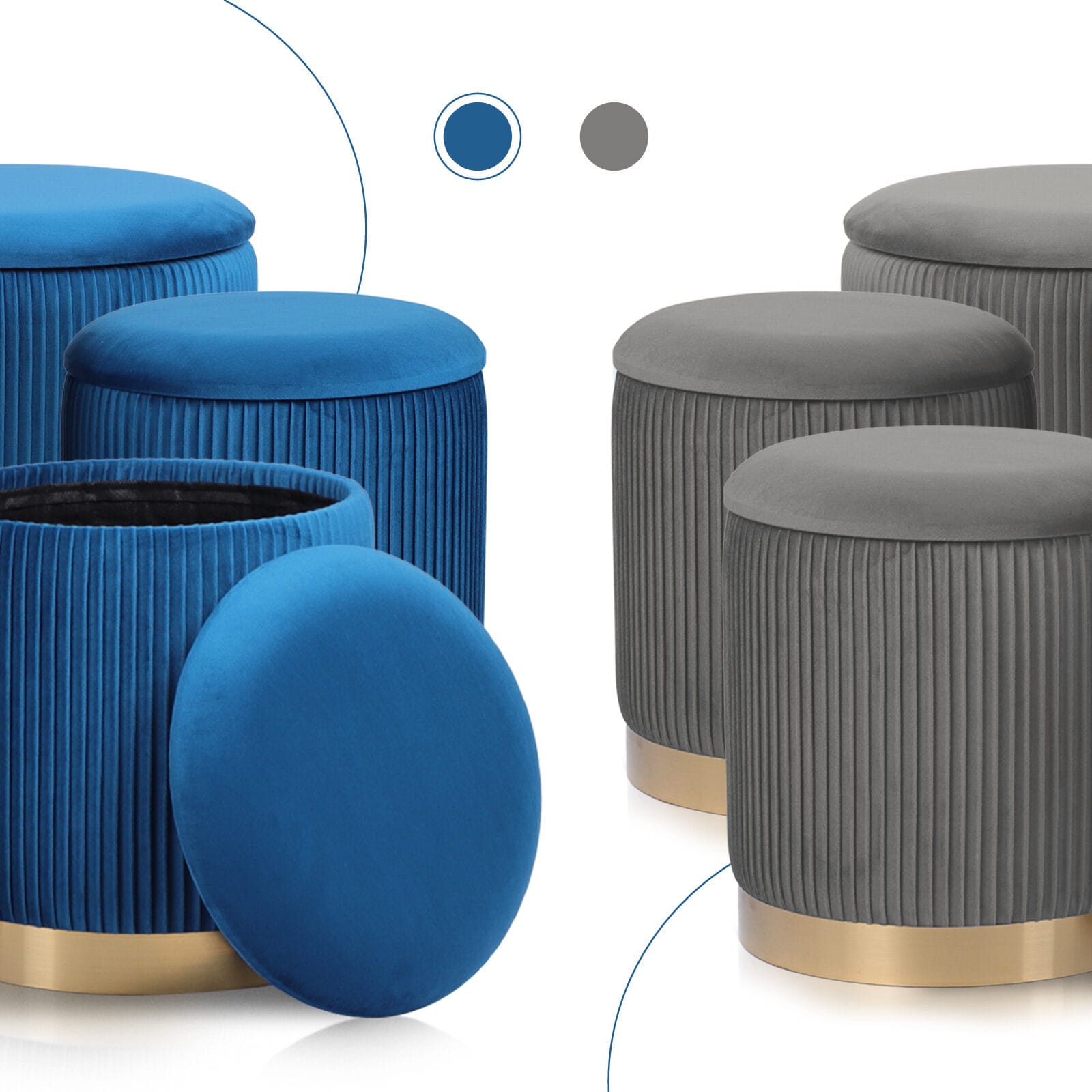 Velvet Storage Ottoman Set Blue 78x40x41.5cm