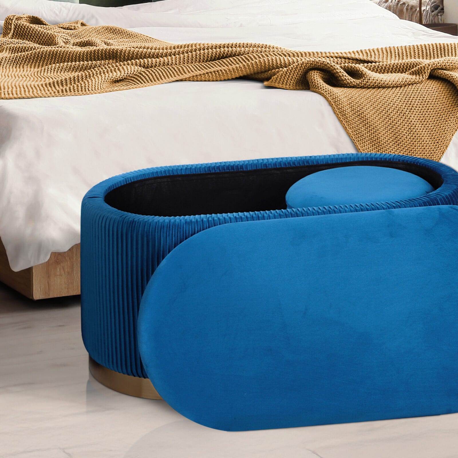 Velvet Storage Ottoman Set Blue 78x40x41.5cm