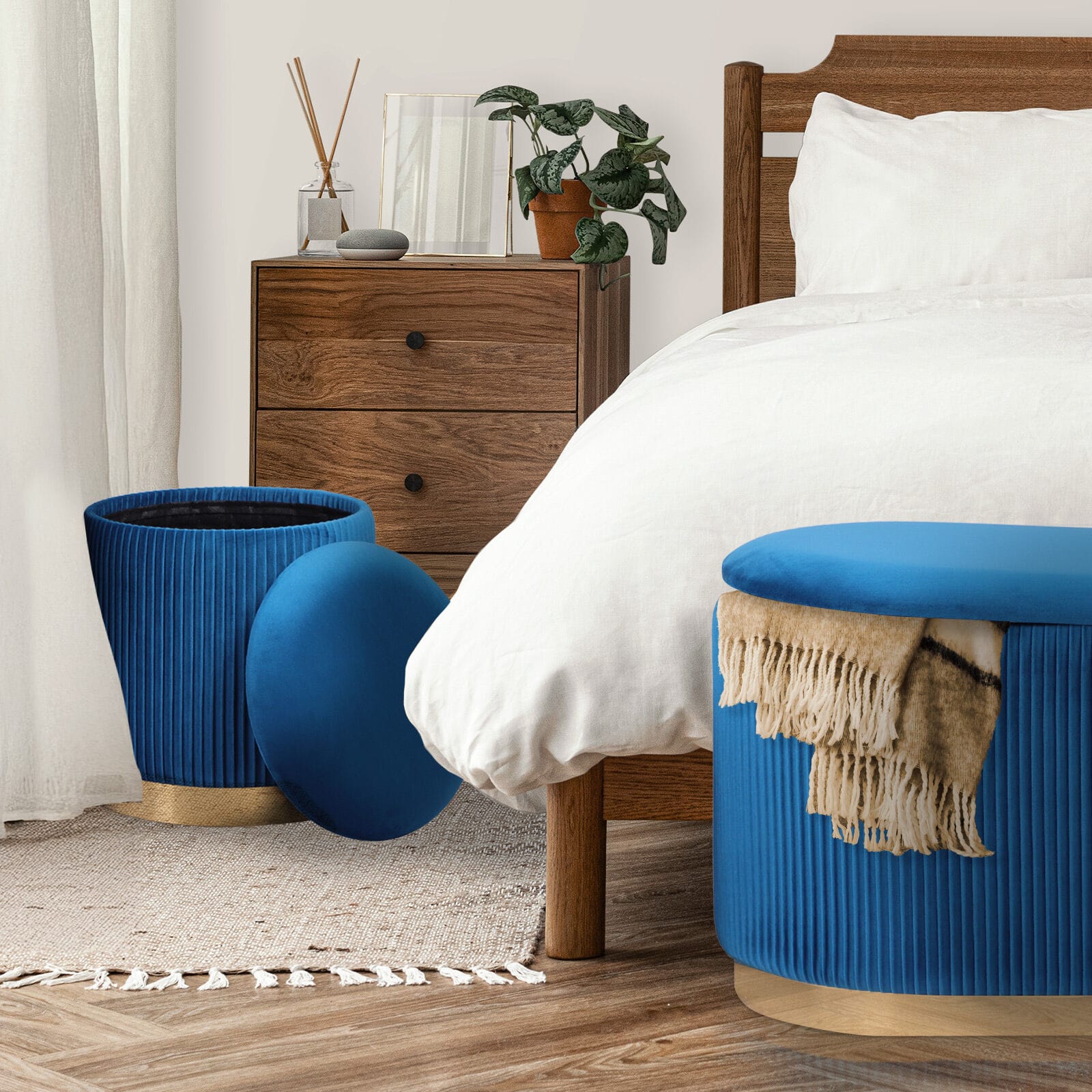 Velvet Storage Ottoman Set Blue 78x40x41.5cm
