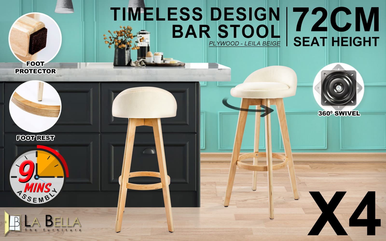 Bar Stool Beige Fabric 35x35x82cm