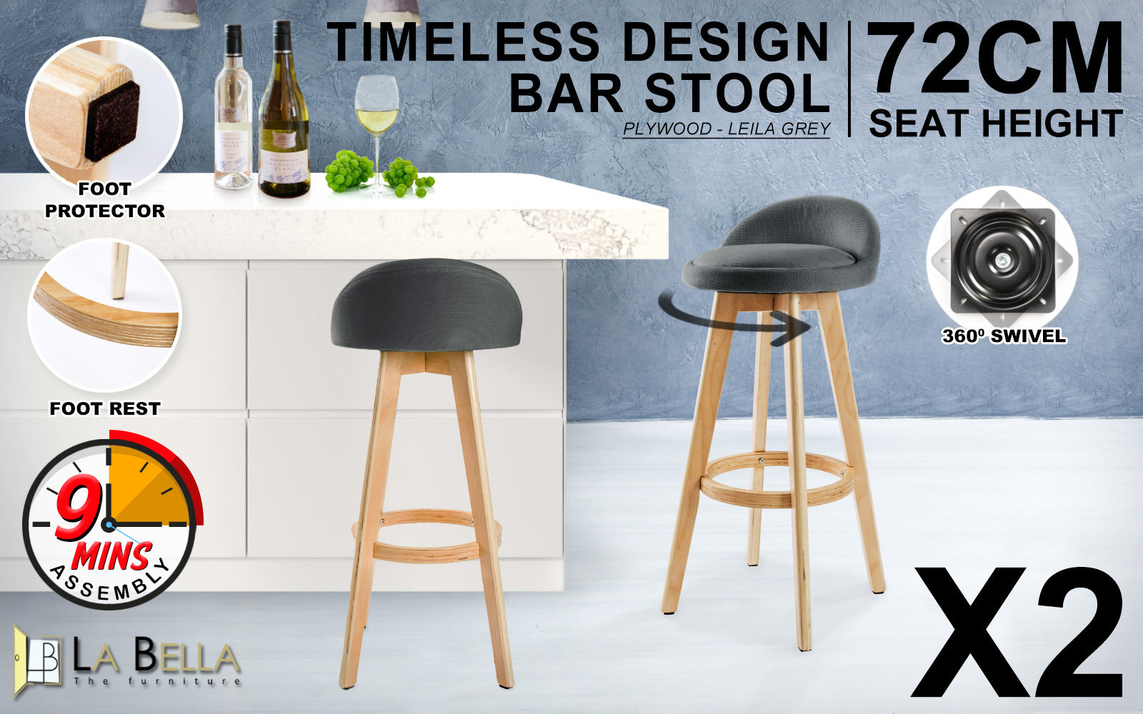 2X Wooden Bar Stool Dining Chair Fabric LEILA 72cm GREY, Table & Bar Stools