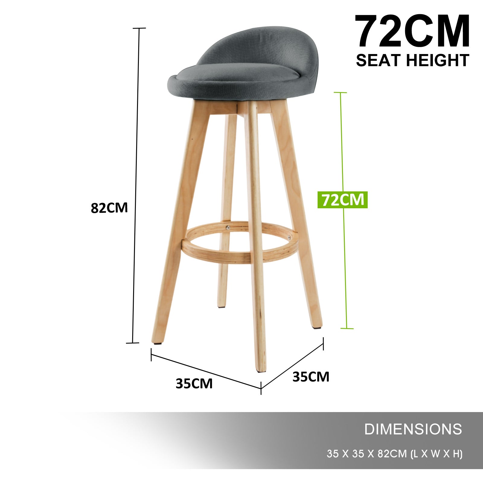 4X Wooden Bar Stool Dining Chair Fabric LEILA 72cm GREY | 72Cm