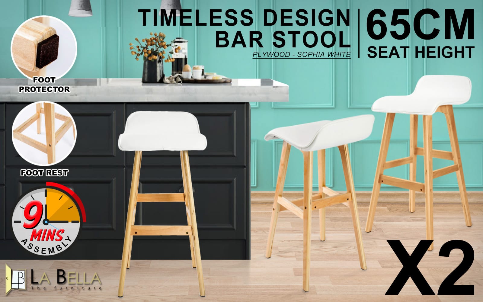 White Bar Stool Leather 40.5x41.5x75.5cm
