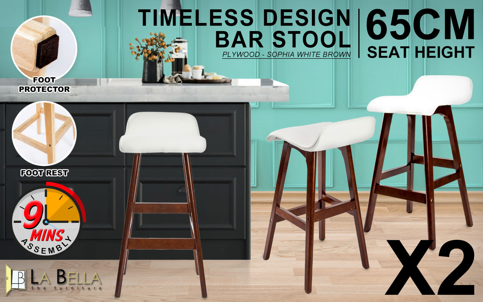 2X Wooden Bar Stool Dining Chair Leather SOPHIA 65cm WHITE BROWN, Table & Bar Stools