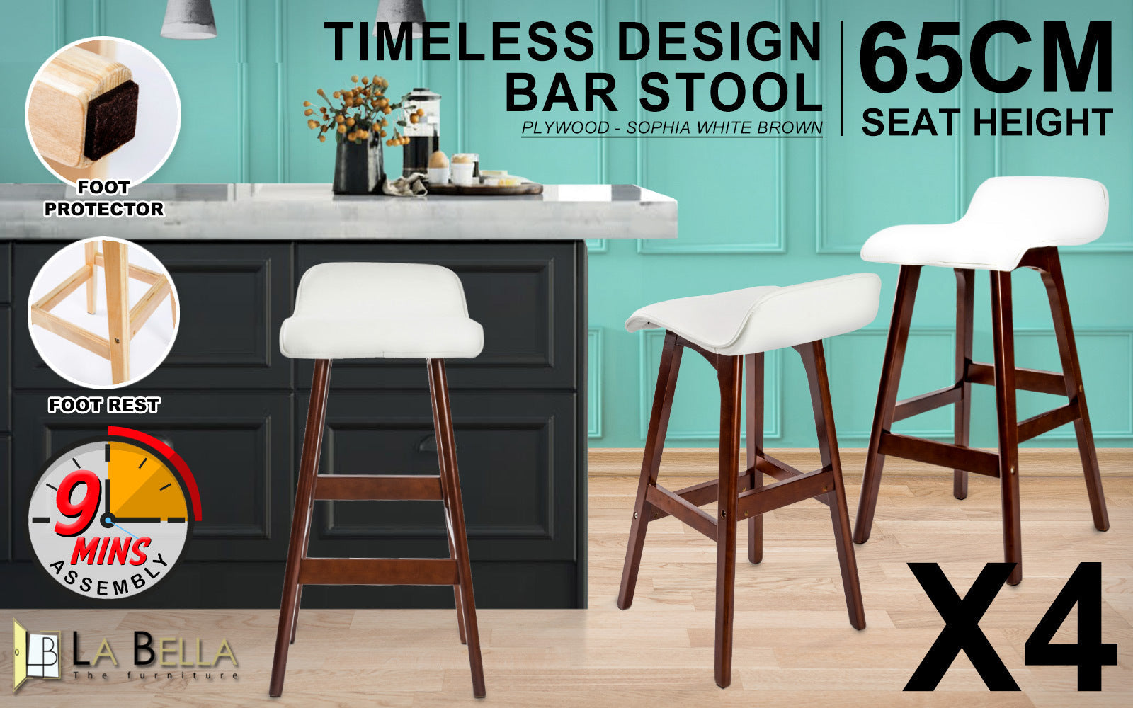 4X Wooden Bar Stool Dining Chair Leather SOPHIA 65cm WHITE BROWN, Table & Bar Stools