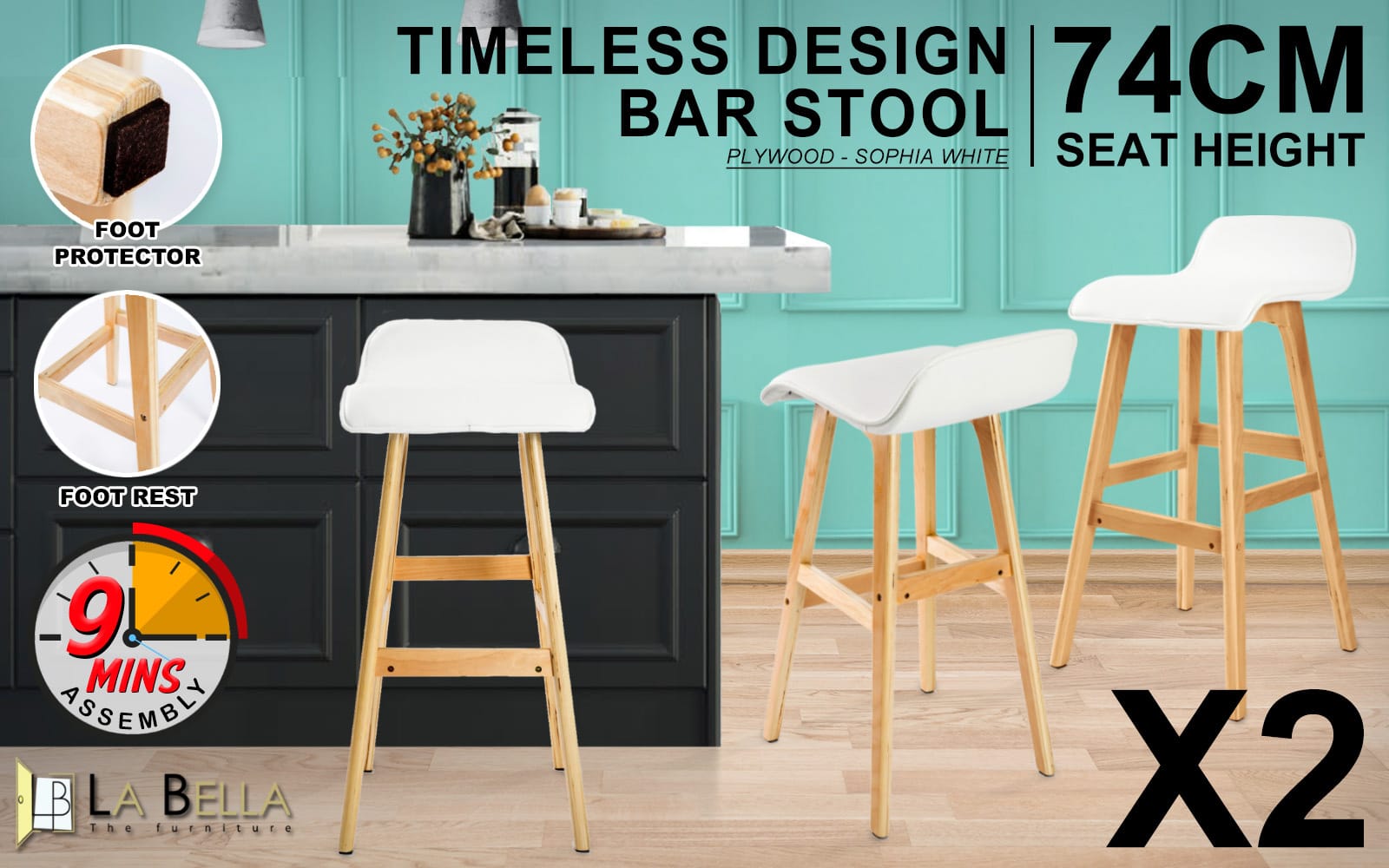 White Bar Stool Leather 40.5x41.5x83.5cm