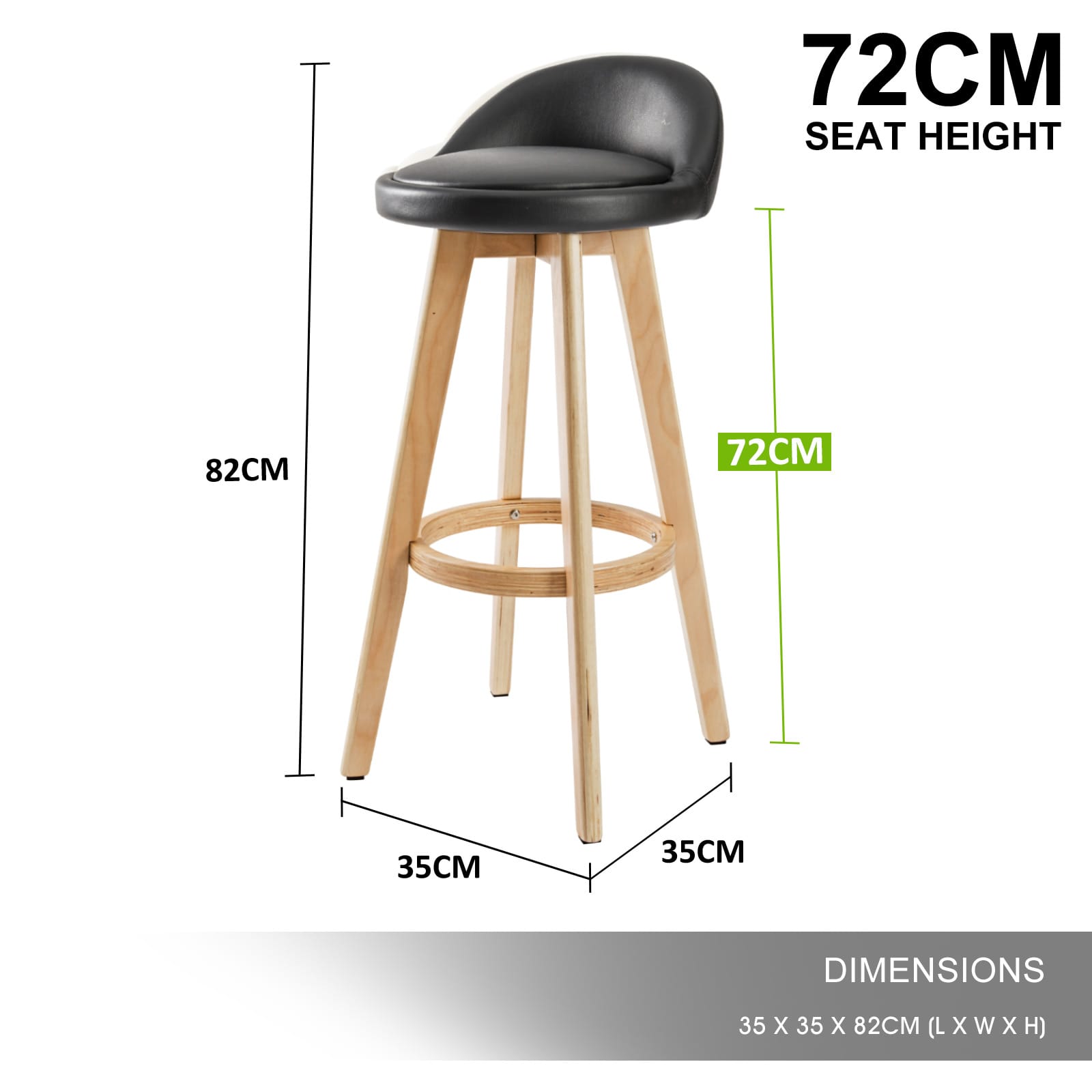 Bar Stool Leather Black 35x35x82cm