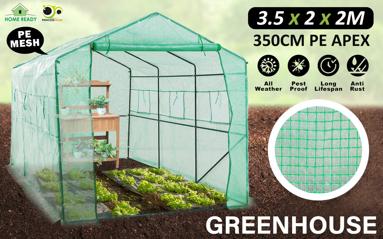 Garden Greenhouse Walk-In Shed 3.5x2x2M PE Apex, Greenhouses & Accessories - photo 12