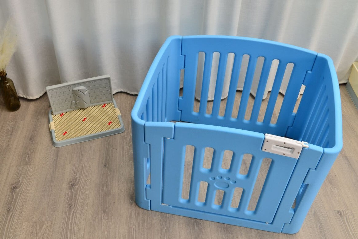 Blue 4-Panel Plastic Pet Pen: Foldable Dog Fence Enclosure with Gate