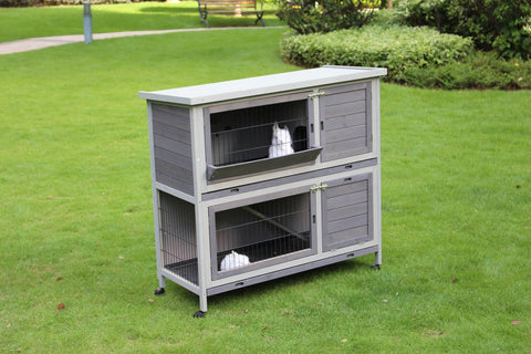 Double-Story Rabbit Hutch with Pull-Out Tray and Wheel - XL Size (110cm)
