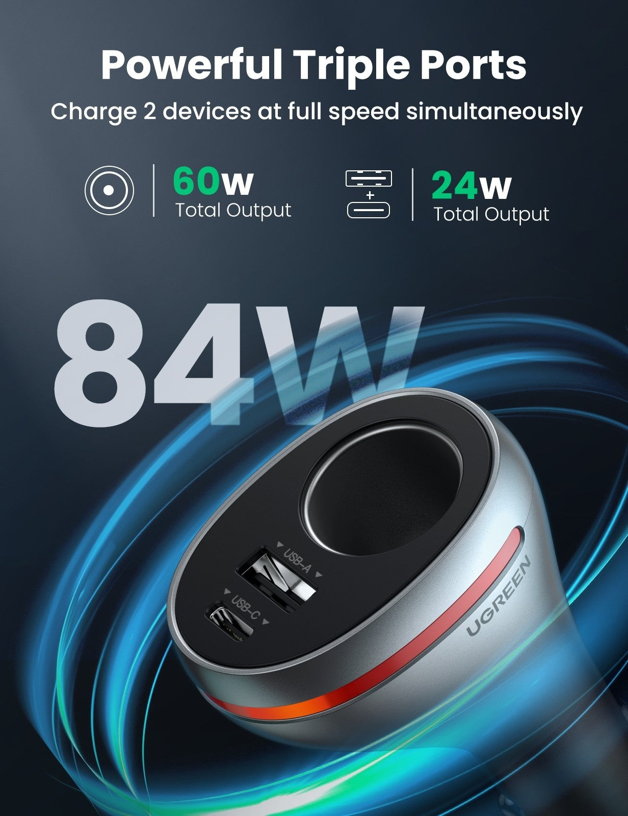 84W Dual Port Car Charger (Space Grey), Grey colour