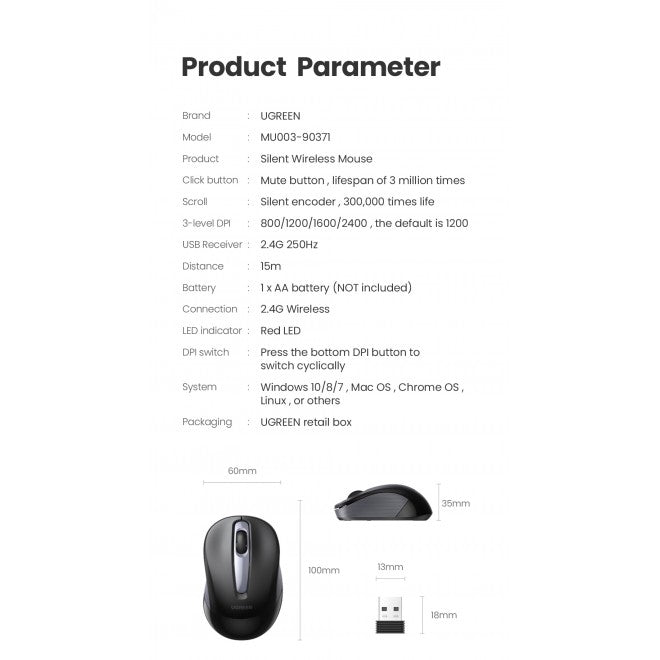 Ugreen - 90371 Mini Portable Wireless Mouse