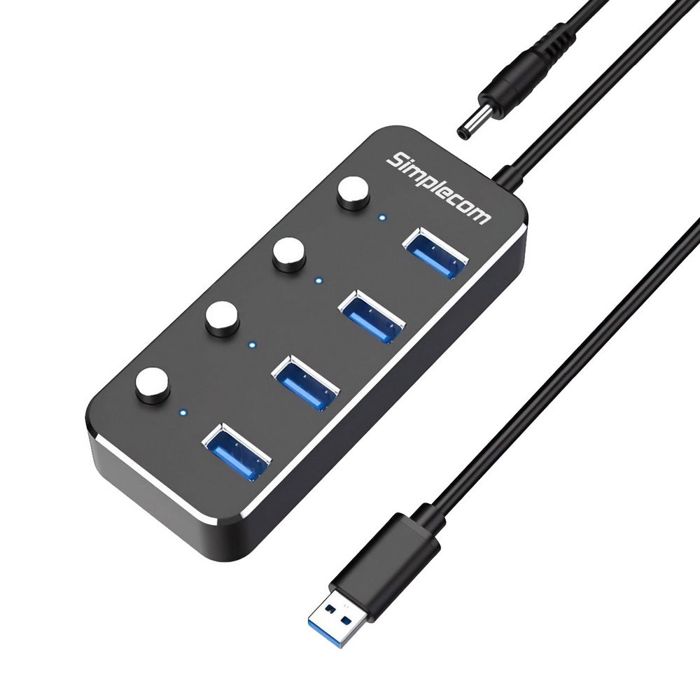 Simplecom Aluminium 4-Port Usb 3.0 Hub With Individual Switches And Power Adapter