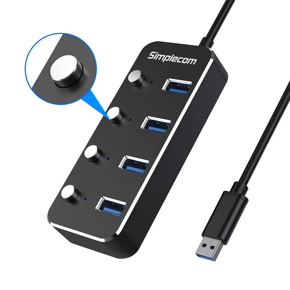 Simplecom Aluminium 4-Port Usb 3.0 Hub With Individual Switches And Power Adapter