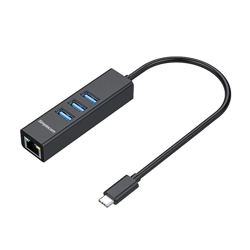 Aluminium Usb-C To 3 Port Usb Hub With Gigabit Ethernet Adapter Black - Simplecom