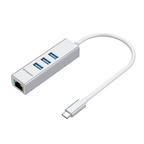 Aluminium Usb-C To 3 Port Usb Hub With Gigabit Ethernet Adapter Silver