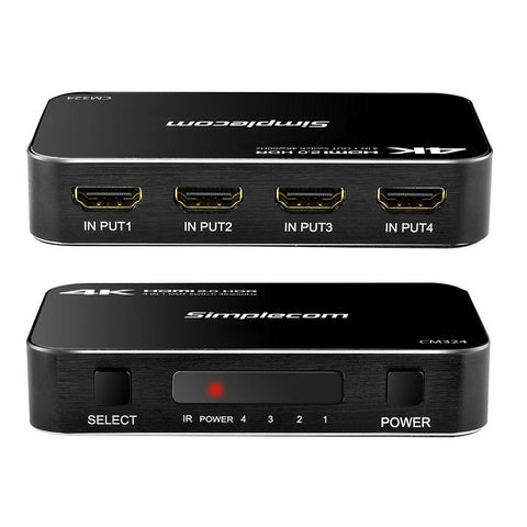 Simplecom CM324 4 Way HDMI 2.0 Switch with Remote 4 In 1 Out Splitter HDCP 2.2 4K @60Hz UHD HDR