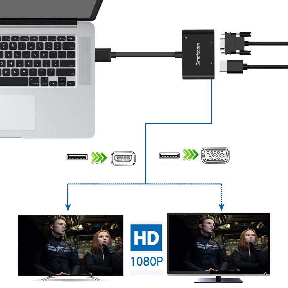 Simplecom - Usb To Hdmi + Vga Video Card Adapter With 3.5Mm Audio