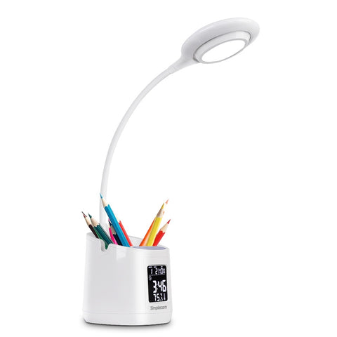 Led Desk Lamp With Pen Holder And Digital Clock Rechargeable