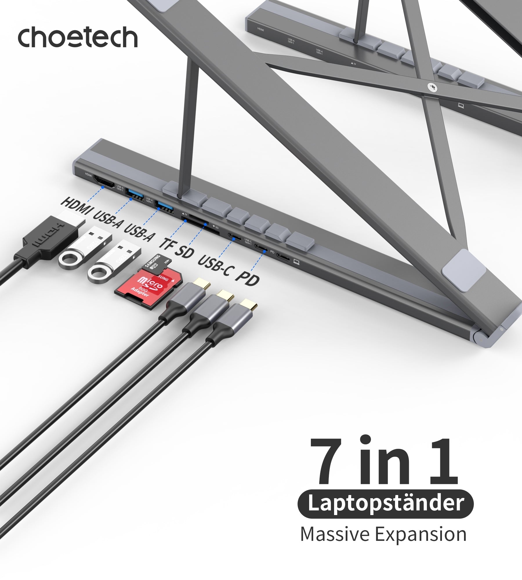 Hub-M48 7-In-1 Hub + Foldable Laptop Stand Usb-C With Pd Charging
