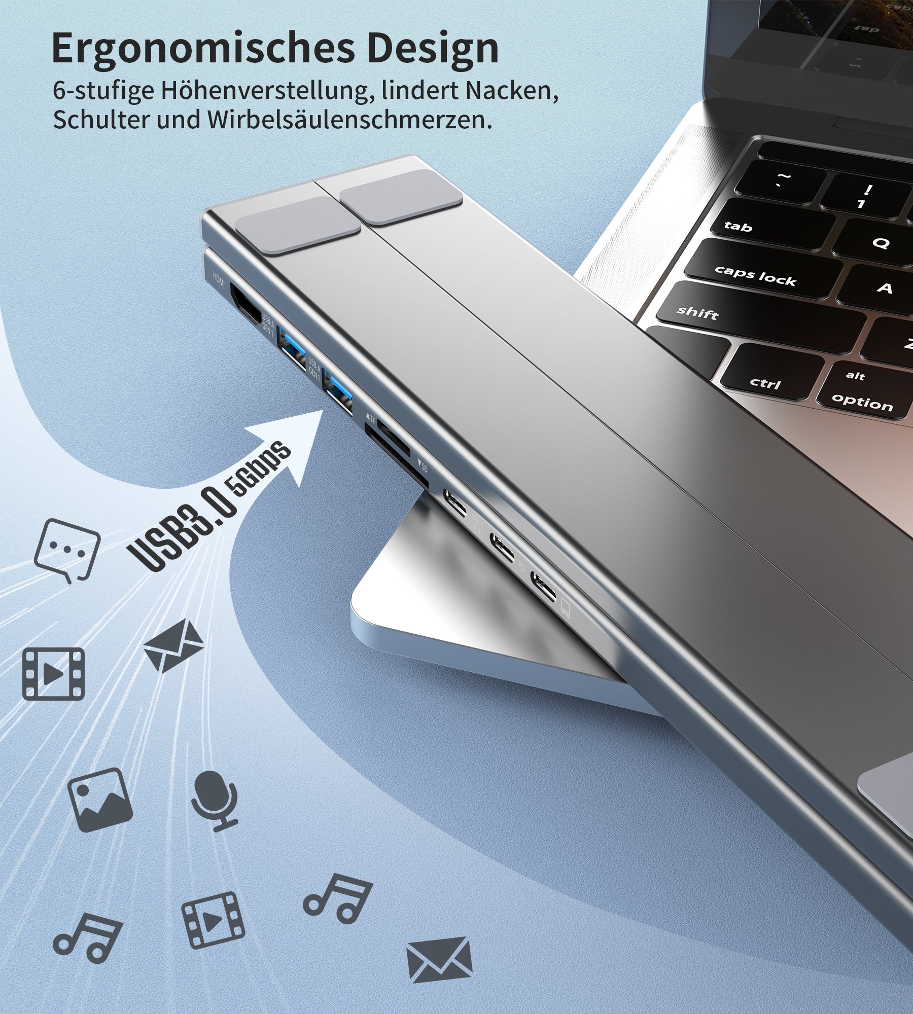 Hub-M48 7-In-1 Hub + Foldable Laptop Stand Usb-C With Pd Charging