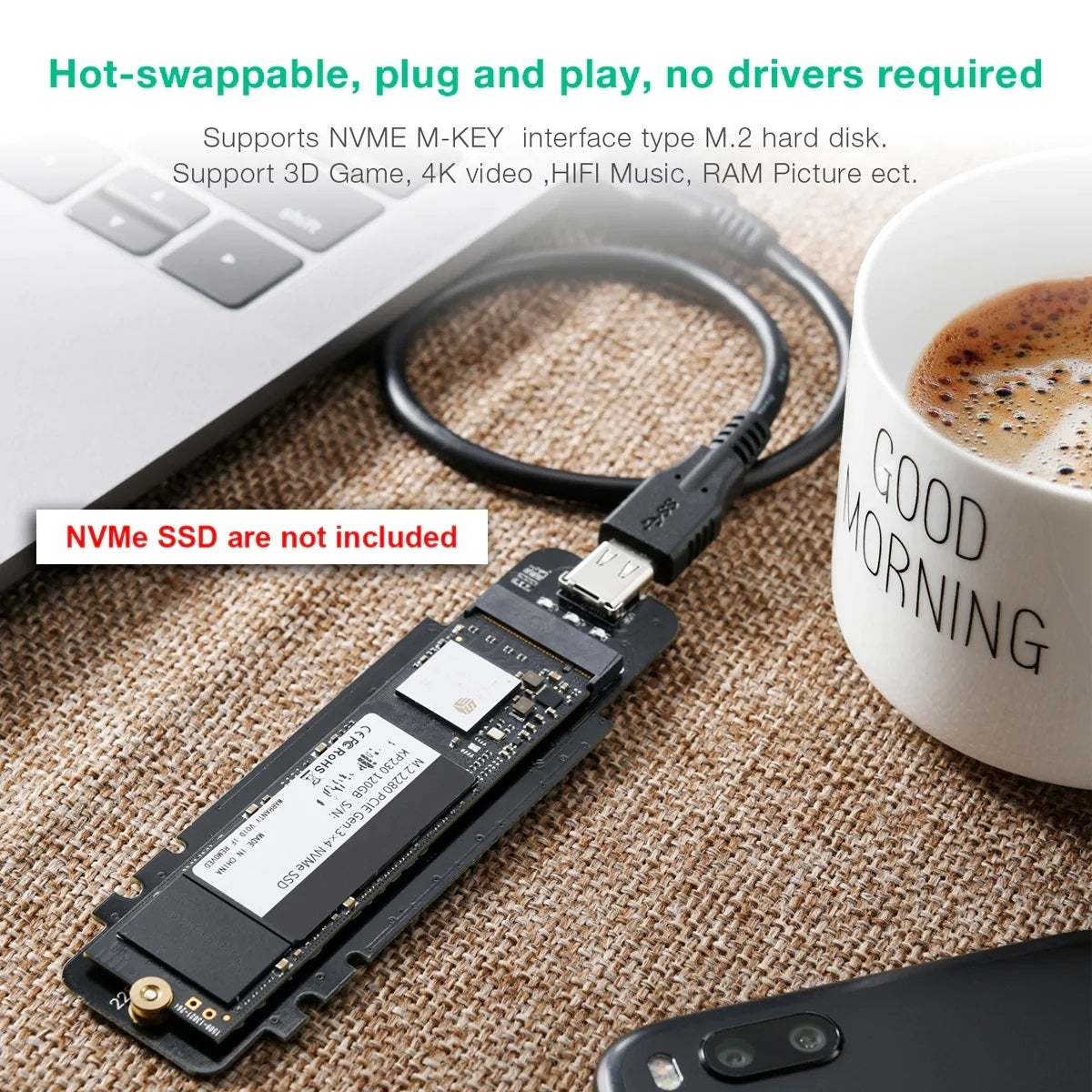 Hard Drives - Pc-Hde02 M.2 To Usb Ssd Reader (Enclosure Only) Supports M-Key (Pci-E Nvme-Based)