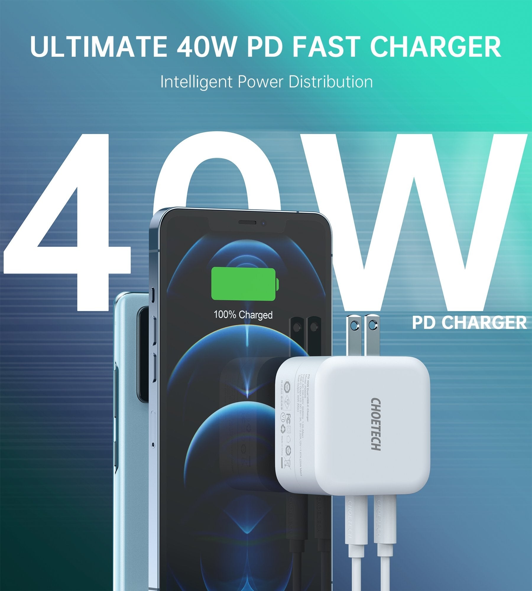 40W Dual Fast USB C Charger 2-Port With Foldable Plug