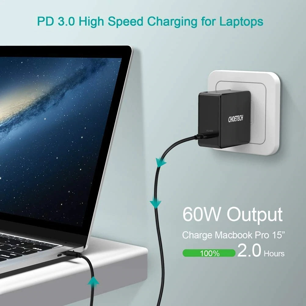 Choetech - 60W Pd 3.0 Type-C Fast Charging Foldable Adapter Usb-C Charger