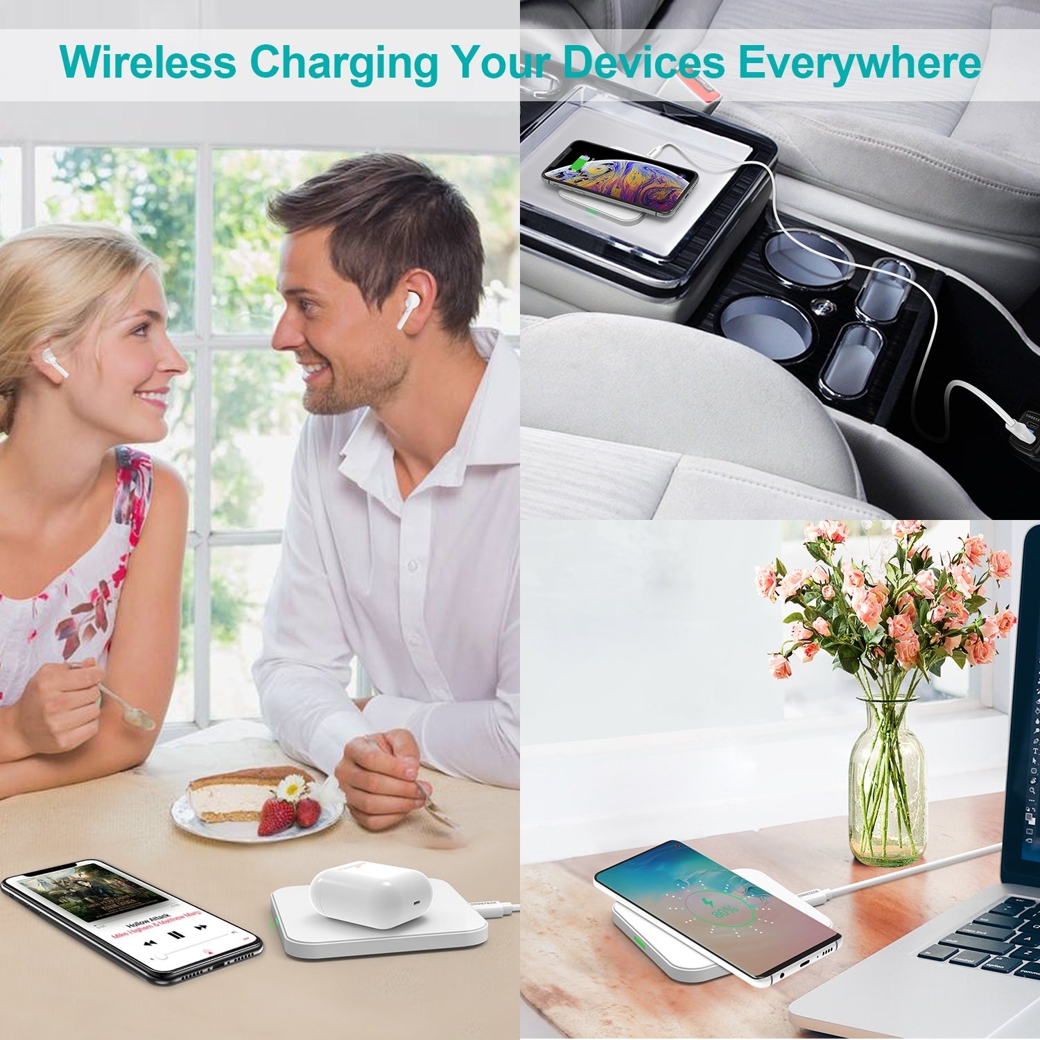 Qi Certified 10W/7.5W Fast Wireless Charger Pad (White) with Phone Chargers