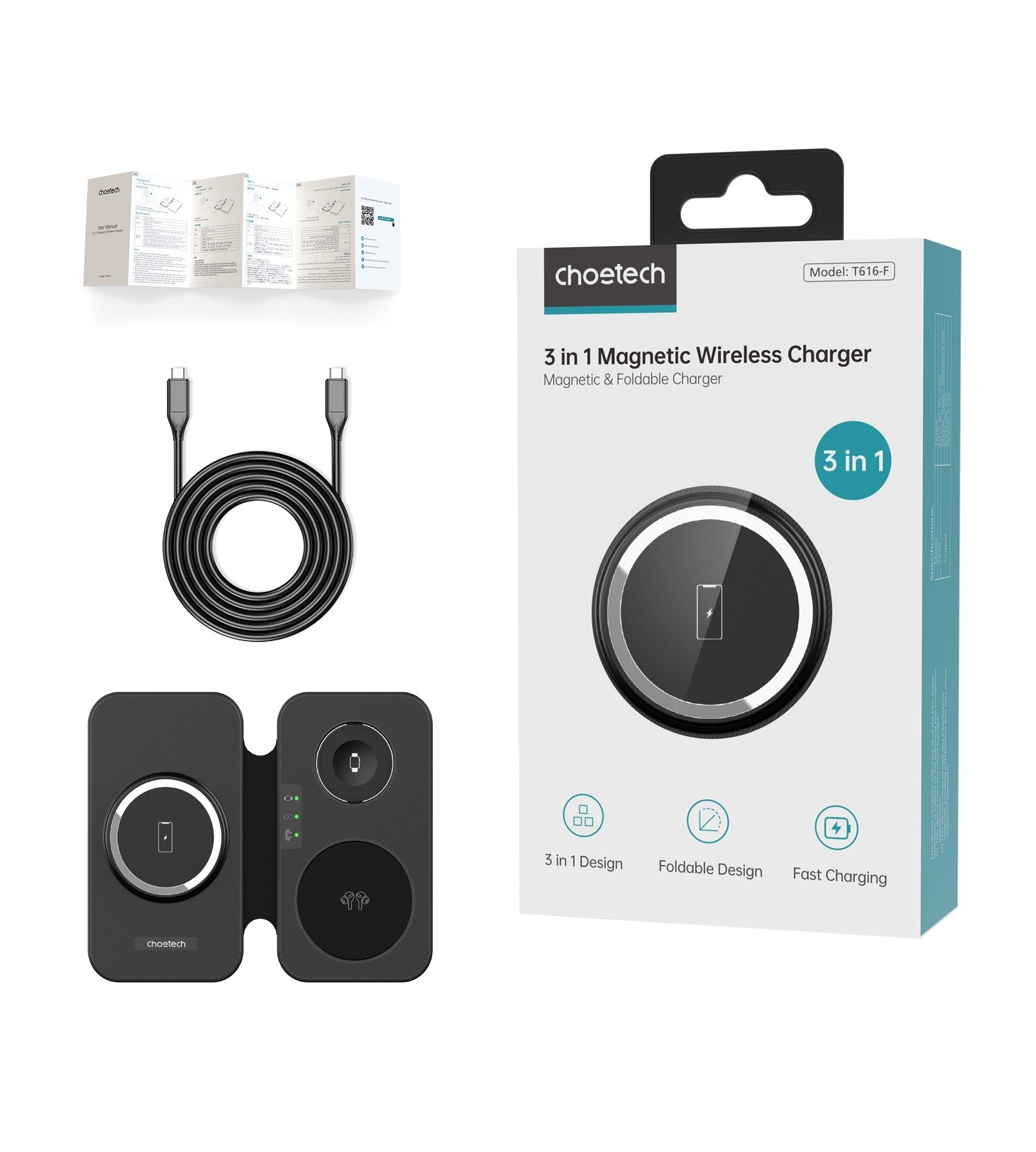 3in1 Magnetic Foldable Wireless Charger Black with Black colour