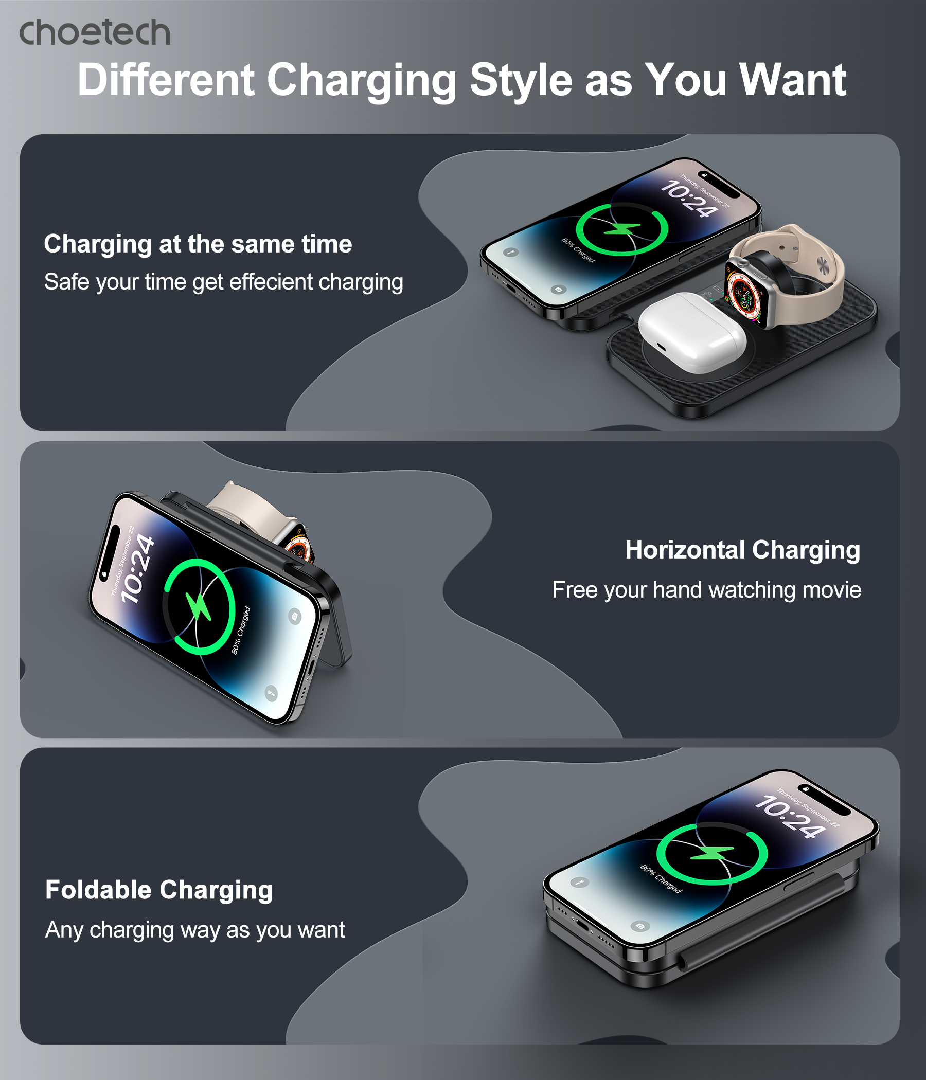 Black colour - 3in1 Magnetic Foldable Wireless Charger Black