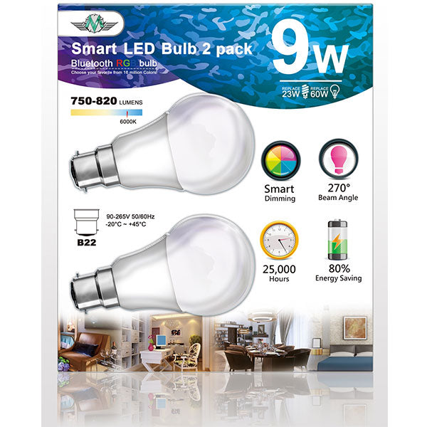 Mv Smart Bulb 9W B22 Twin Pack (Apple App Only ) - Coloured Lights