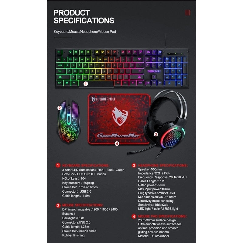 4-Pcs Rainbow Keyboard/Mouse/Headphone/Mouse Pad Kit Set