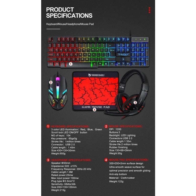 Rgb 4-Pcs Gaming Keyboard/Mouse/Headphone/Mouse Pad Kit Set