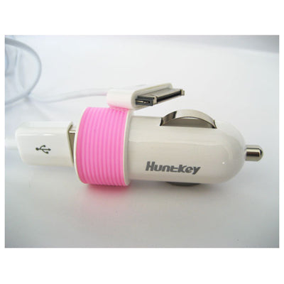 Huntkey Compact Car Charger for iPad & Smart Phone 5V 2.1A with MFI Cable _ Pink (HKB01005021-0B)