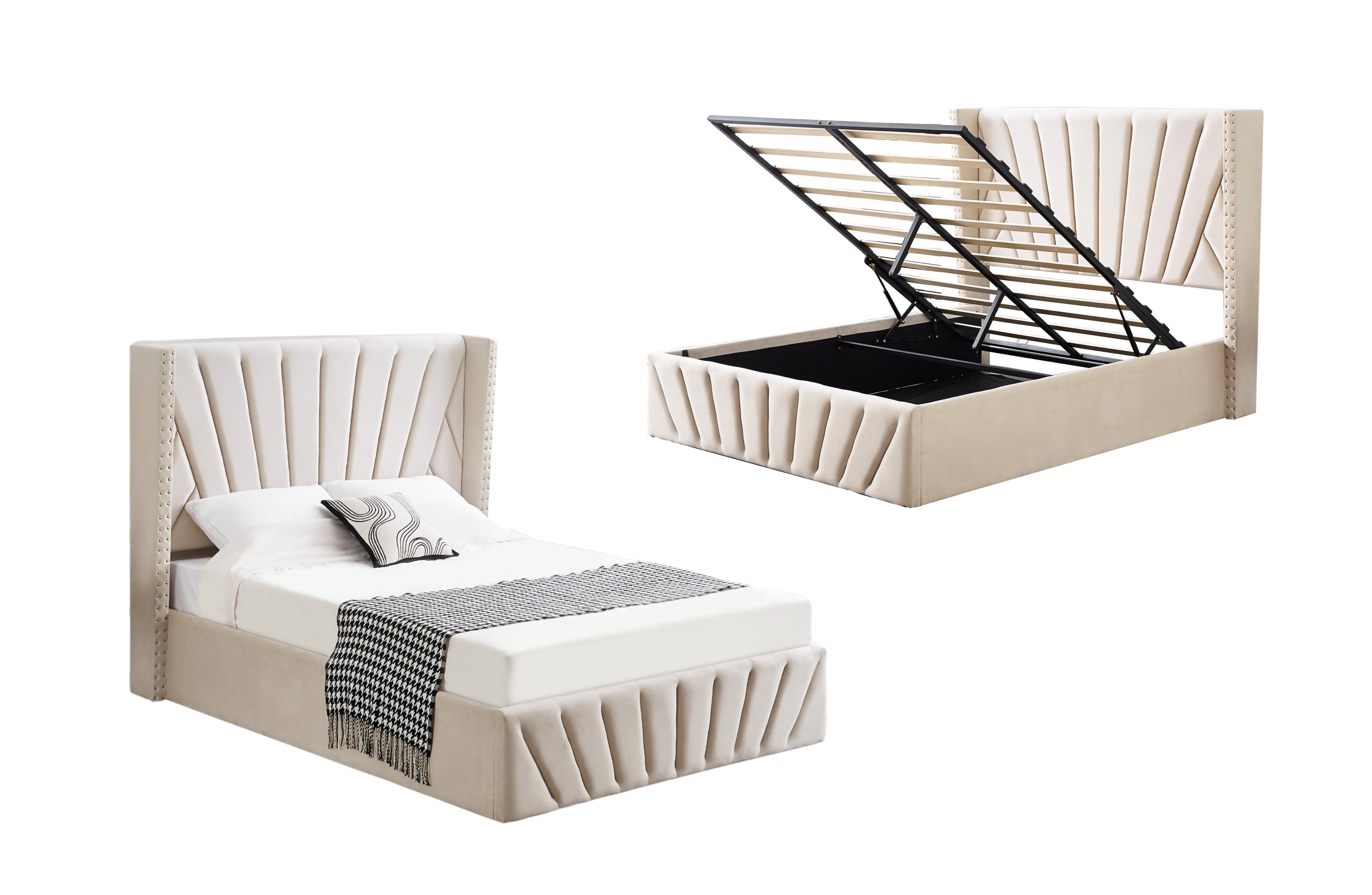 Allure Beige Velvet Gas Lift Bed - King Gas Lift Storage Velvet