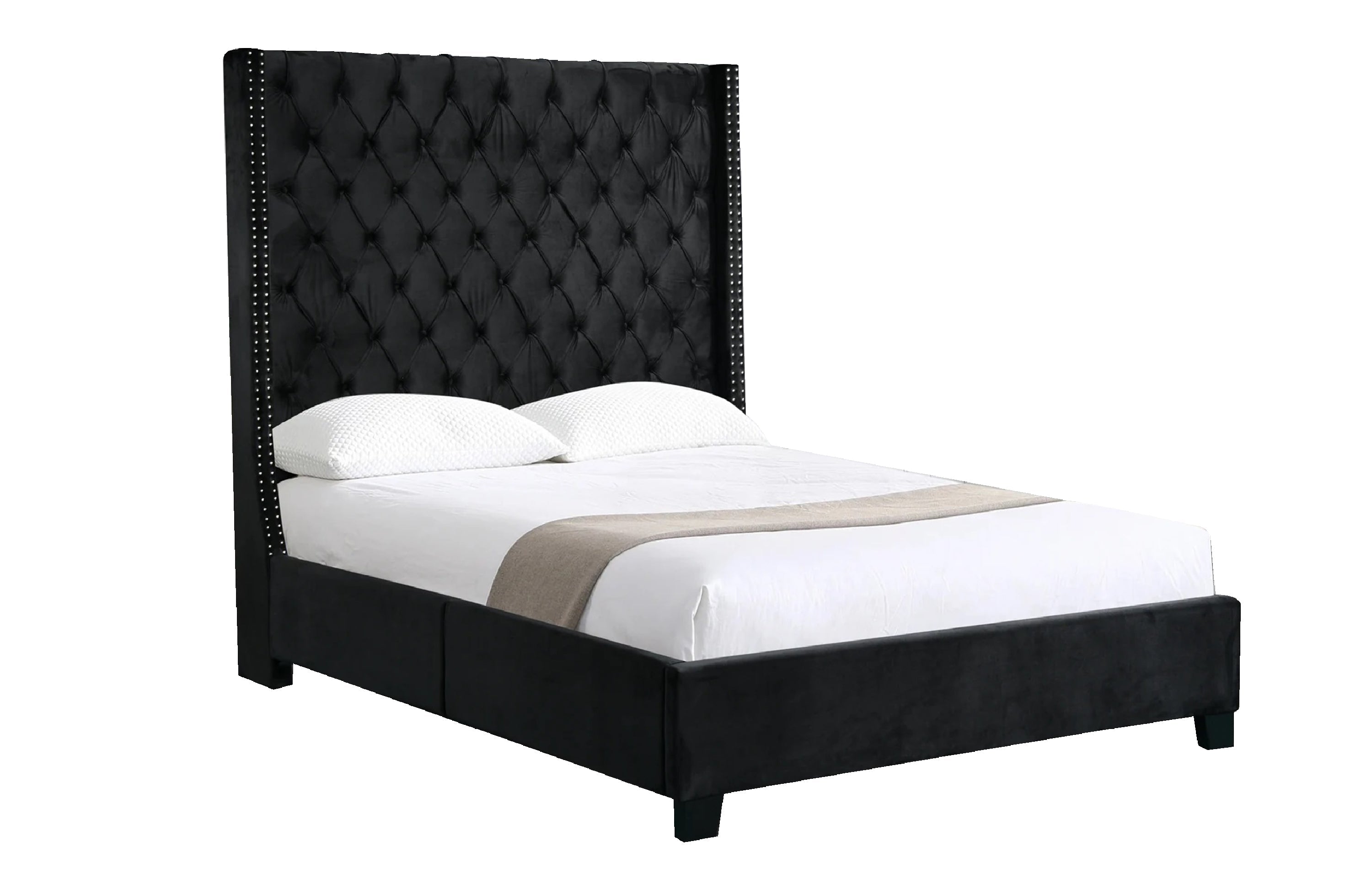 Ella Black Velvet Winged Bed 180Cm - Queen King Size Queen Size