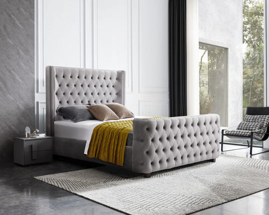 King Size Milan Bed Frame Grey Velvet Tufted Headboard And Endboard