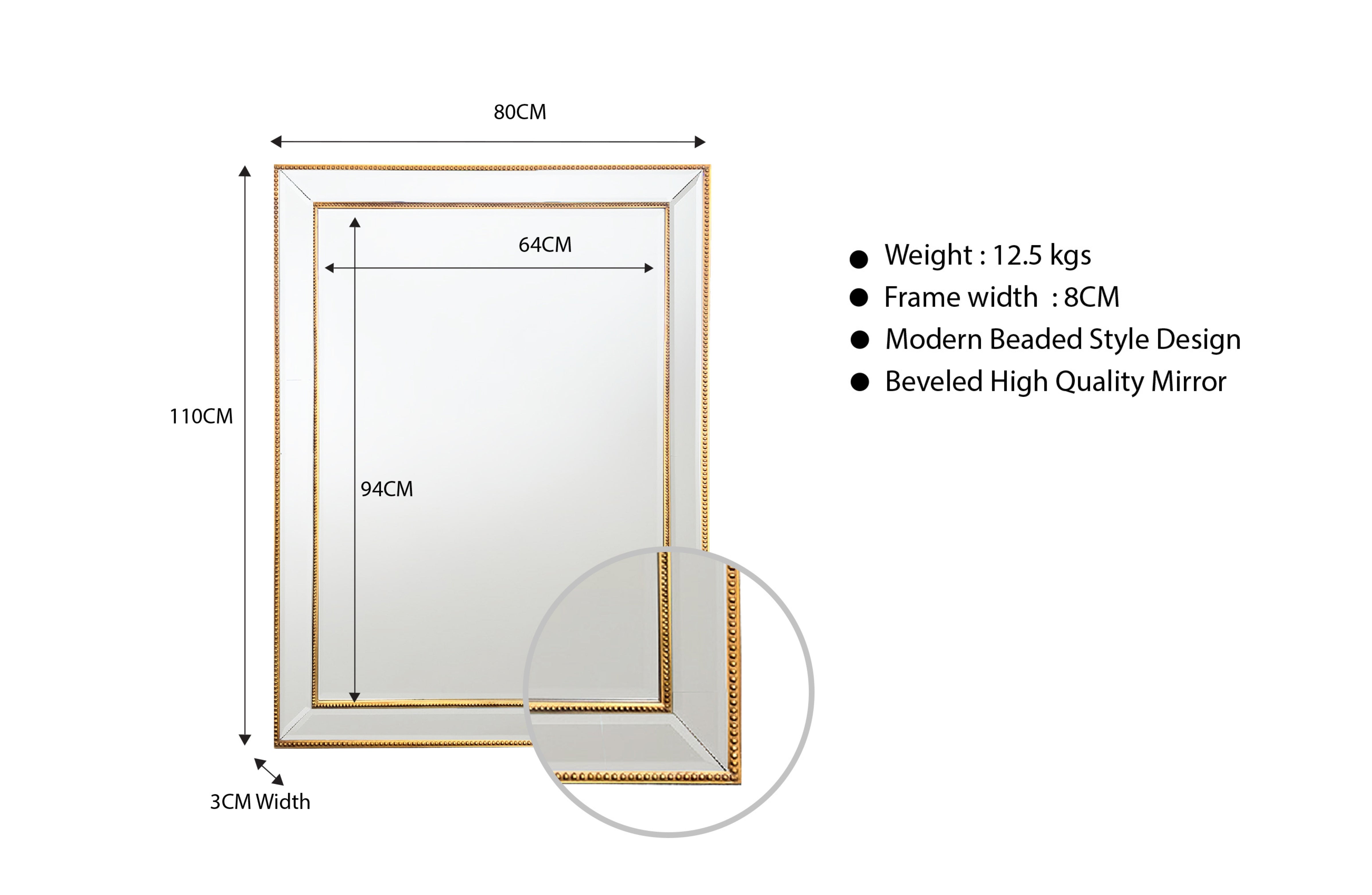 Black Beaded Framed Mirror - Rectangle 80Cm X 110Cm